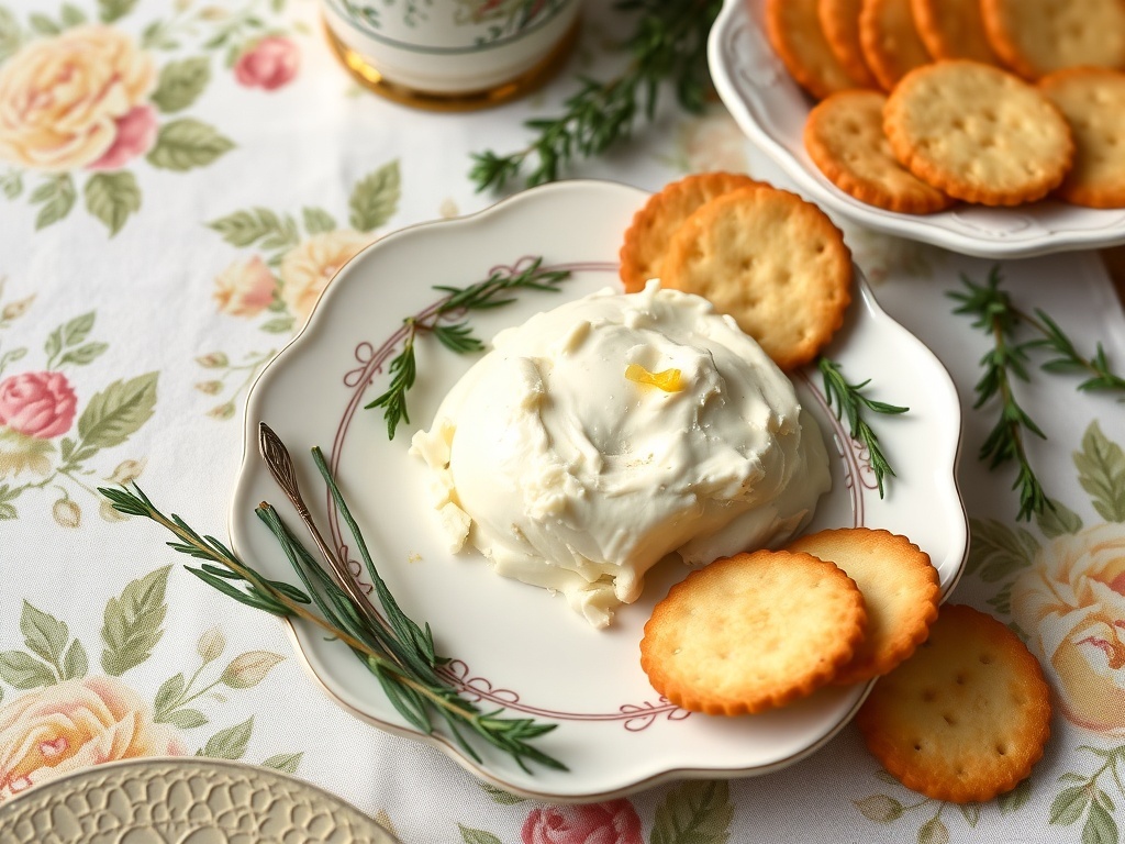 Regency style cream cheese served on a plate with crackers and herbs, set on a vintage table.